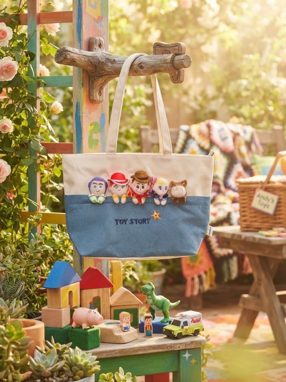 Disney Toy Story Blue & Cream Tote Bag with Character Plush 15”x11”x5”